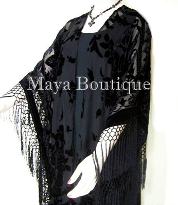 Pre-owned Maya Matazaro Caftan Duster Fringe Jacket Kimono Opera Coat Black Burnout Velvet