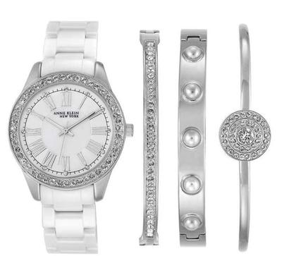 NEW! Anne Klein New York Women's Ceramic Watch And Bracelet Set 12/2257SVST