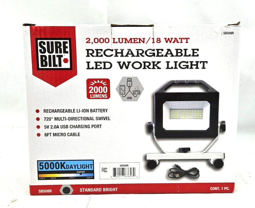 Sure Bilt 2000 Lumen 18 Watt Rechargeable LED Work Light Li-Ion Battery NEW