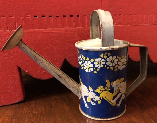 Antique Germany Child's Toy Miniature Doll Tin Watering Can Dogs & Teddy Bear