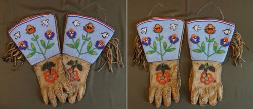 Fine 1900 Native American Yakama, Umatilla, Nez Perce Beaded Gauntlet Gloves 