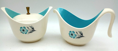 Taylor Smith Taylor BLUE BONNET Ever Yours Sugar & Creamer Aqua White Vtg MCM