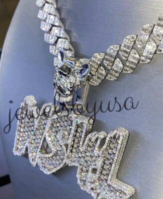 Pre-owned Nsg Men's 6ct Real Baguette Moissanite Ws4l Customize Name Number Pendant 925 Silver In White