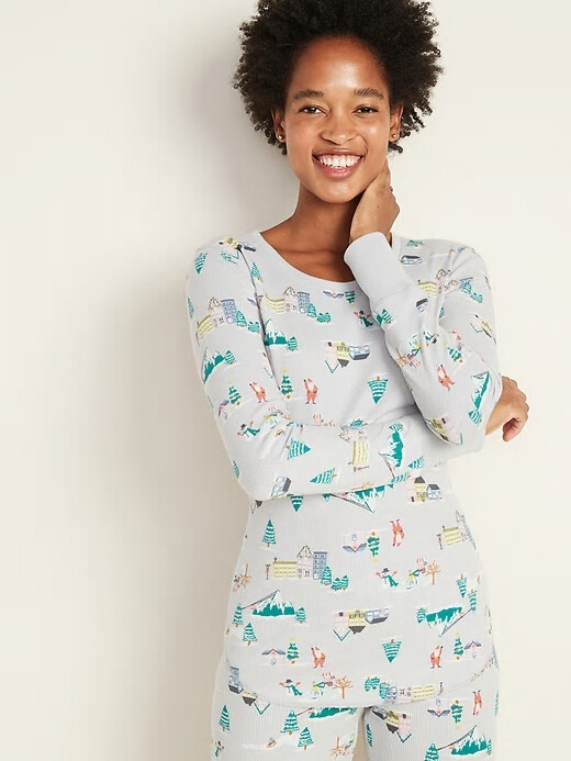 

NWT Old Navy Christmas Scenic Термальная вязаная футболка Мягкая вафельная женская футболка большого размера L, Light gray