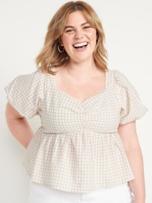 OLD NAVY Women's Size 3X Puff-Sleeve Smocked Seersucker Babydoll Swing Blouse