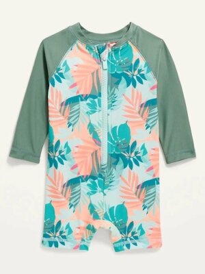 

Цельный купальник NWT Old Navy с пальмовыми листьями и рукавами реглан, рашгард, для ребенка, Multicolor