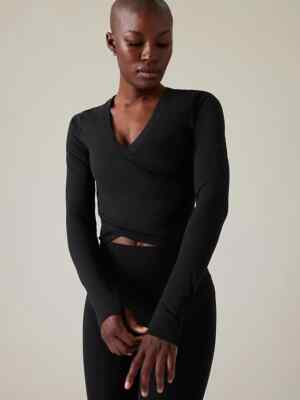 Athleta S SMALL Transcend Wrap Top, Black Soft Criss-Cross Fitted Yoga Shirt NWT