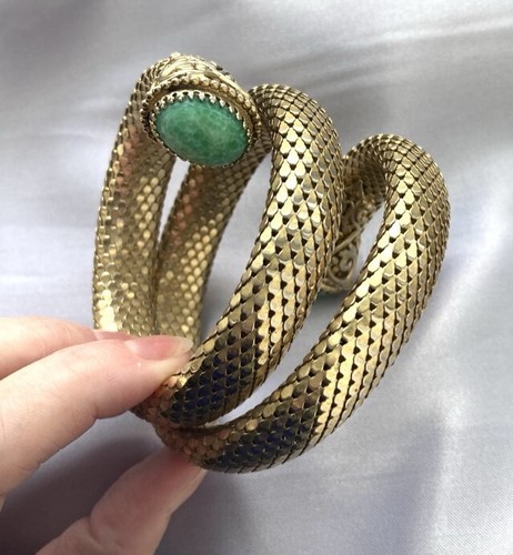 Vtg Whiting & Davis Mesh Snake Bracelet Peking green Glass