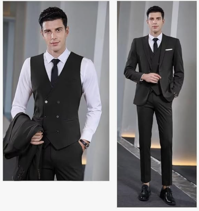 Mens XXL Black 3 Piece Suit Peak Lapel Slim Fit Jacket Vest and Pants WangYue