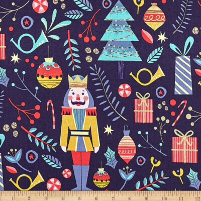 Night of the Nutcracker Dark Blue Main Metallic Fabric Half yard continuous cuts