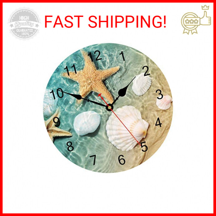 TAHEAT 8 Inch Coastal Seashell Starfish Wall Clock, Accurate Decorative Clocks,