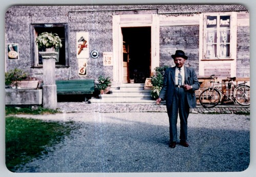 Vtg Color Snapshot Elderly Man Suit Hat Outside Building Storefront Bicycle