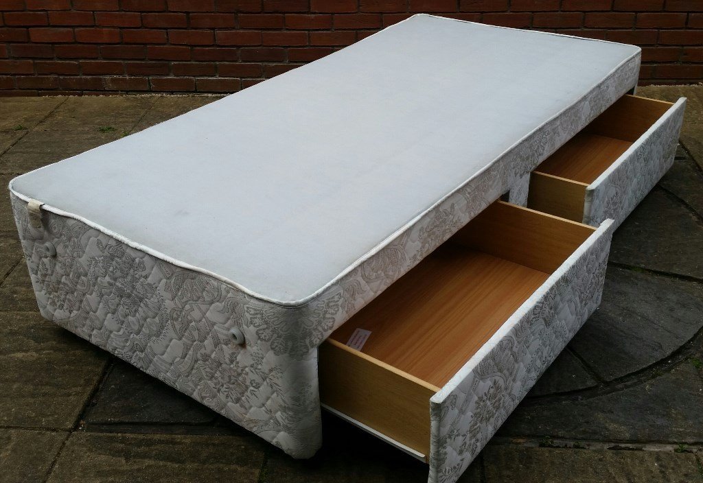 single divan bed base, with sprung top, and 2 drawers on wheeled