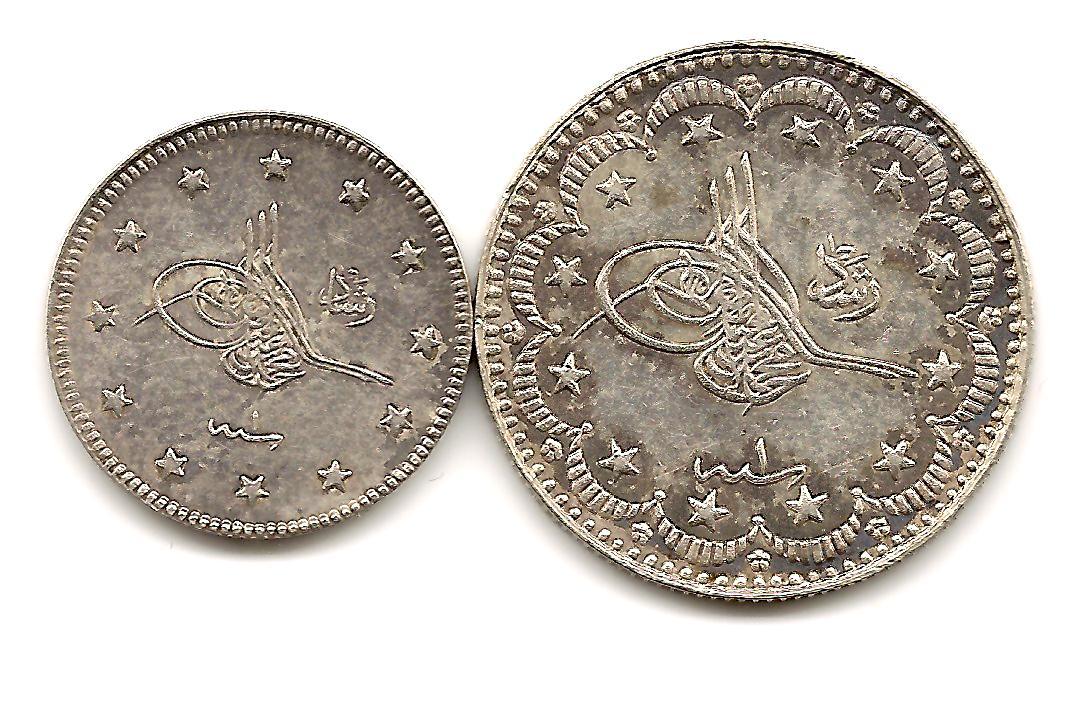 TURKEY 2+5 kurush 1327/1 1909 KM785+786 Ag830 Bursa Visit TOP GRADE - VERY RARE!