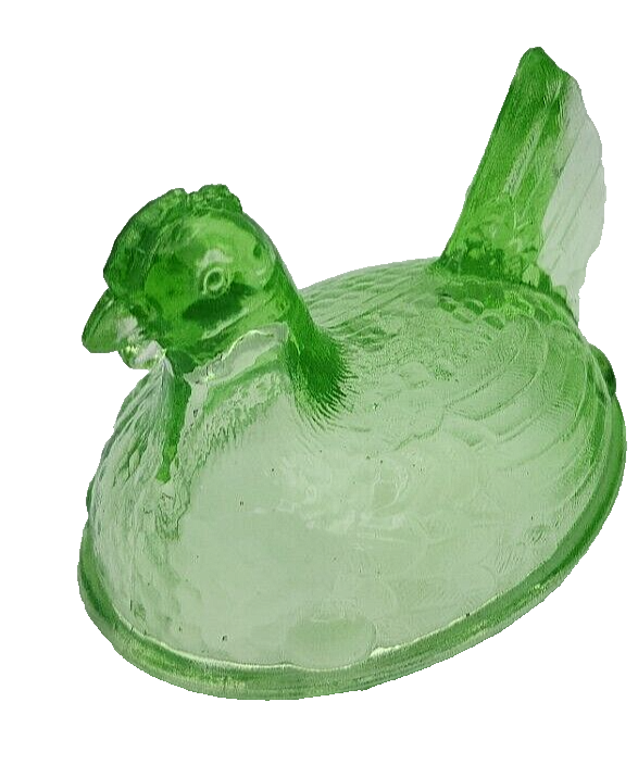 Wilkerson Art Deco Trinket Key Lime Hen Chicken Glow Glass On Basket 3.25" Wide