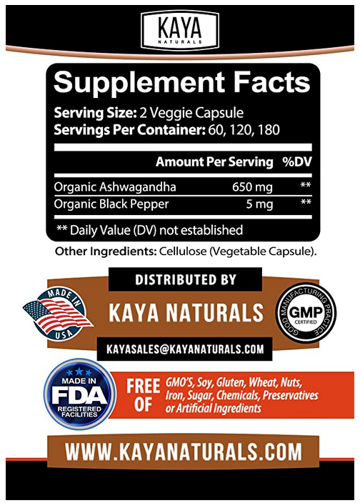 Organic Ashwagandha Capsules 1300mg Supplement w/ Black Pepper Root Powder