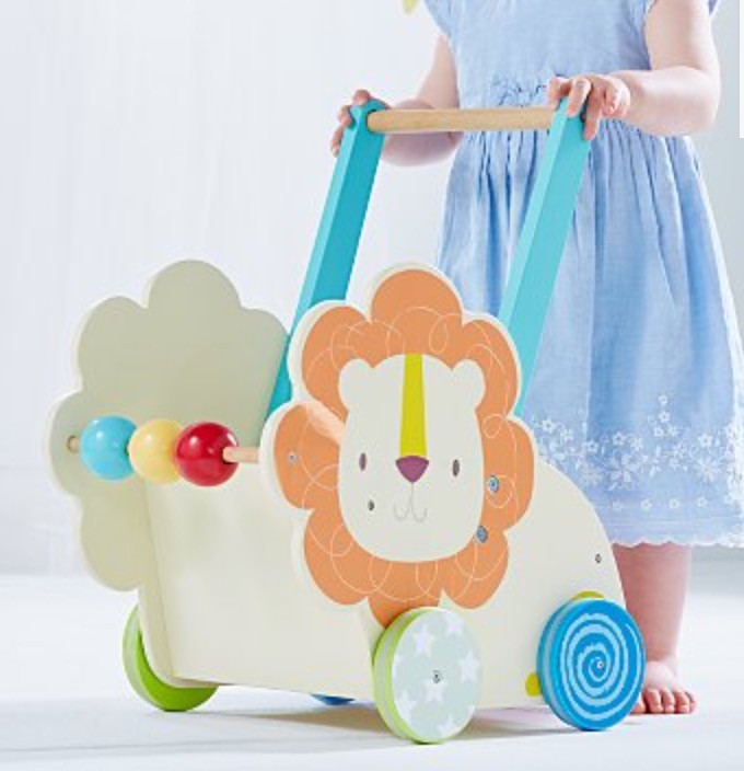 Wooden lion baby walker, pushalong toy, cost £40 new, in original box