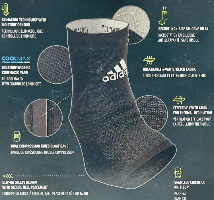 adidas Performance Ankle Support Sleeve Climacool Breathable Black Grey Size L