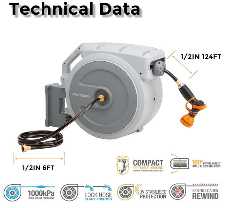 Giraffe Tools Retractable Garden Water Hose Reel Wall Mounted-1/2" x 130 ft