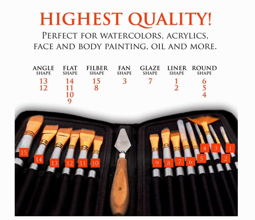 Artist Paint Brush Set – 15 Different Shapes & Sizes - Free Painting Knife!