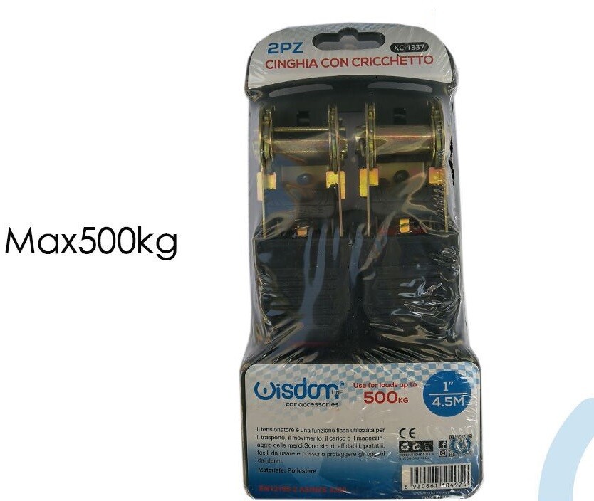 Set 2 Cinghia Con Ganci Portapacchi 4.5mt Tensore A Cricchetto Auto Xc-1337 wis