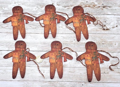 6-Christmas-Primitive-Gingerbread Man-Holiday-Gingies-Heavy Cardstock-Ornaments