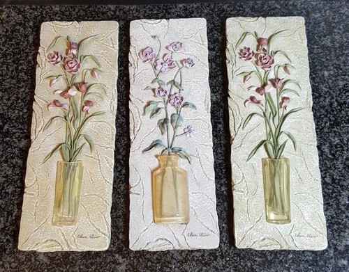 VINTAGE CHERI BLUM FLOWERS IN VASES 3D WALL ART PLAQUES