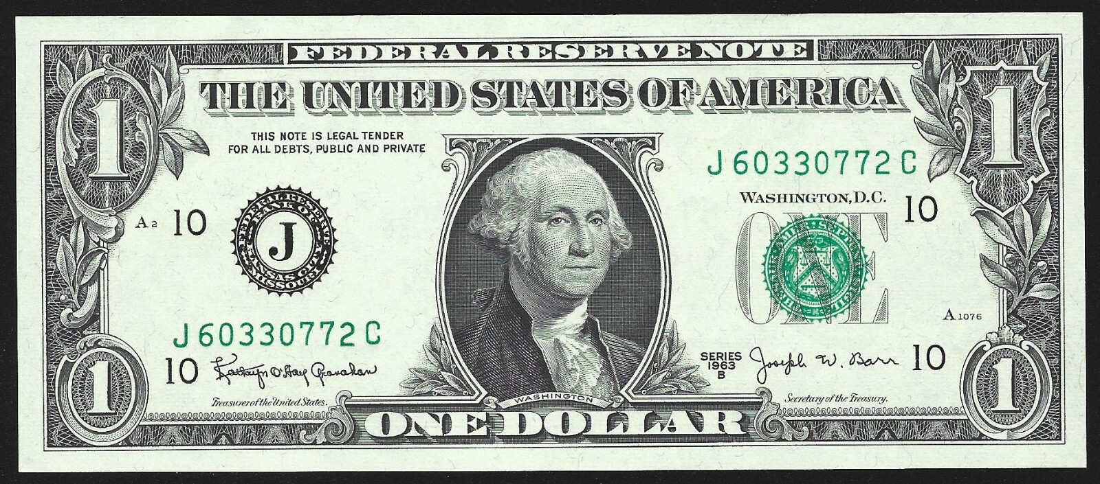 1963B One Dollar Barr Note $1 GEM Uncirculated Consecutive = AKA BARR NOTE = 