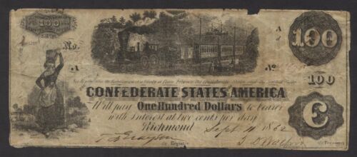 1862 $100 T-40 Confederate note ~ issued Sept. 11 1862 ~ w/ endorsement