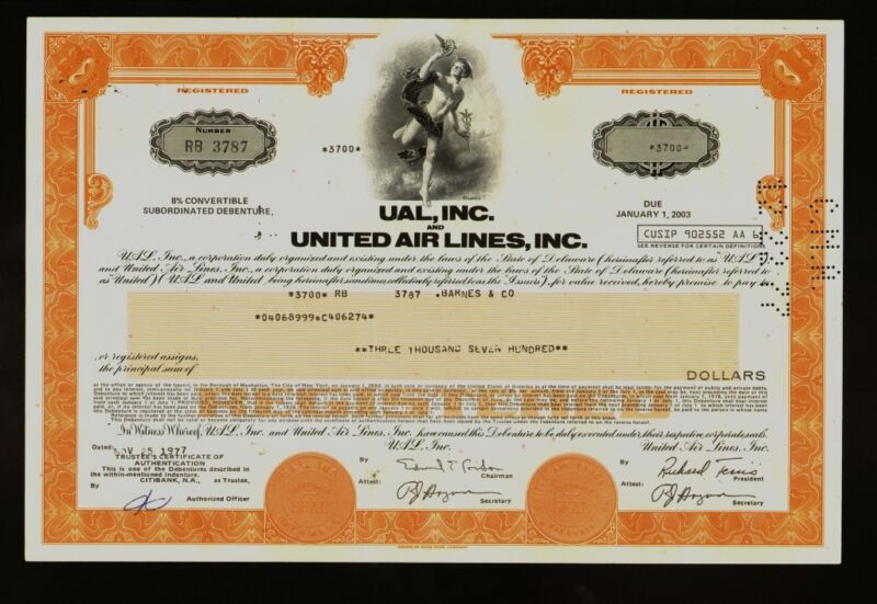  UAL INC and UNITED AIR LINES INC Chicago IL old bond certificate 1970s