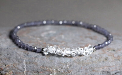 A+ Genuine Iolite+Herkimer Diamond Quartz Dainty Gemstone Beaded Bracelet 7''.