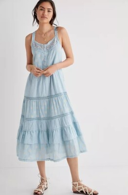New Pilcro Lace Tiered Midi Dress Size XS Blue Medallion Motif Anthropologie