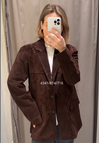 ZARA BNWT 2025. DARK BROWN 100% SUEDE LEATHER BLAZER. 4341