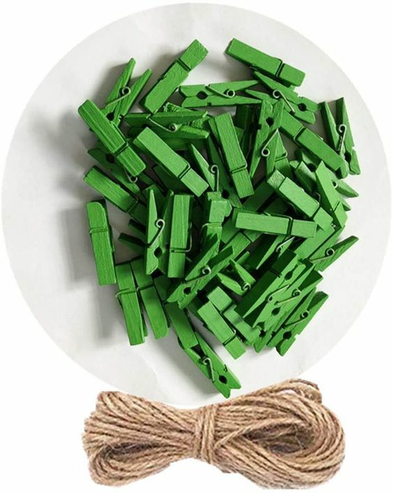 50 Mini Green Wooden Clips Clothespins with Jute Twine Hanging Decorating Craft