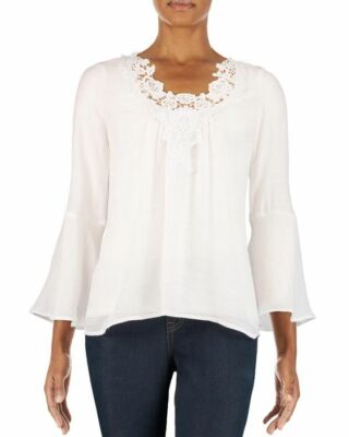 NWT ZAC & RACHEL White Floral Crochet Lace Bell Sleeve Peasant Blouse, S