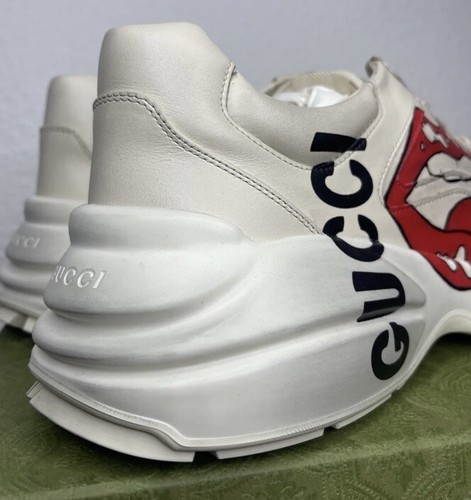 Pre-owned Gucci 100% Auth  Rython Lips Kiss Leather Sneakers Ivory 13.5 Us 14 In White
