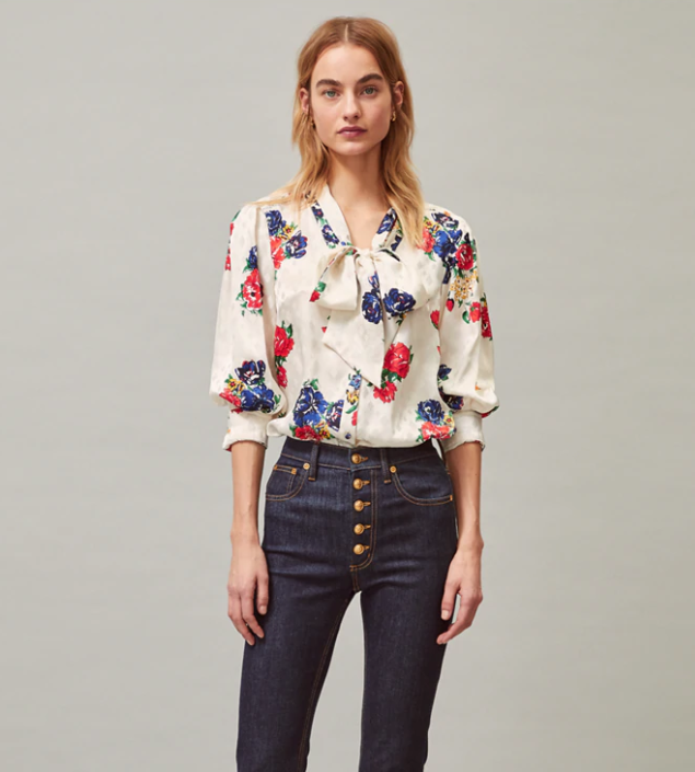 シルクリボンワンピース★Tory Burch★PRINTED BOW BLOUSE DRESS Printed Satin Bow Blouse: Women's Designer Tops | Tory Burch