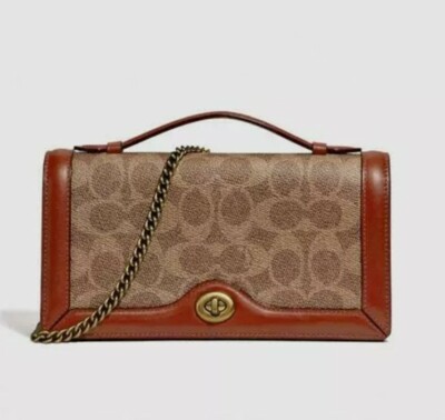  NWT Coach Tan Rust Riley Chain Clutch Signature Canvas Crossbody Bag #68312