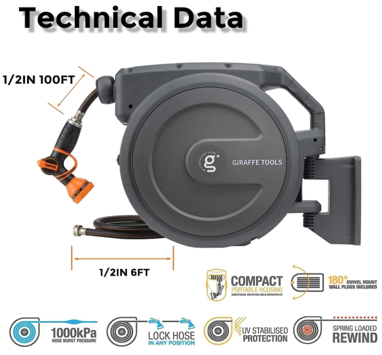 Giraffe Tools Retractable Water Hose Reel Wall Mounted Hose Reel 1/2-IN 100-FT