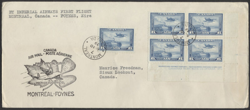 1939 Imperial Air Flight Montreal to Foynes Ireland #3925k #C6 Plate Block
