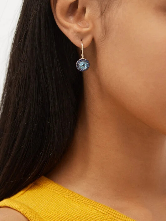 14K Gold Natural Diamond Blue Sapphire Aquamarine Drop Hoop  Earr...-Jewelzofny