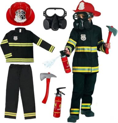 Boys Fireman Fancy Dress Firefighter Costume + Helmet Mask Tools Fire Fighter
