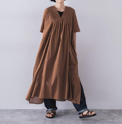 ICHI Antiquites Indian Cotton V-Neck Long Dress Cotton 100% Brown