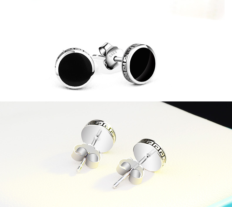 Men 925 Sterling Silver Post Black Enamel Round Stud Earrings gift Box 6/8mm K74