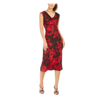 Connected Apparel Red Floral Shimmer Cowl Neck Slinky dress Size 8P