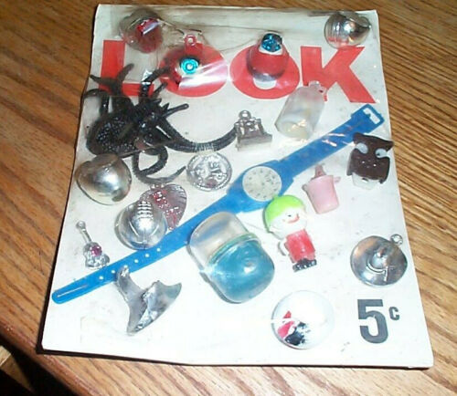Vintage gumball machine display card 5c toys eye balls charms #z11