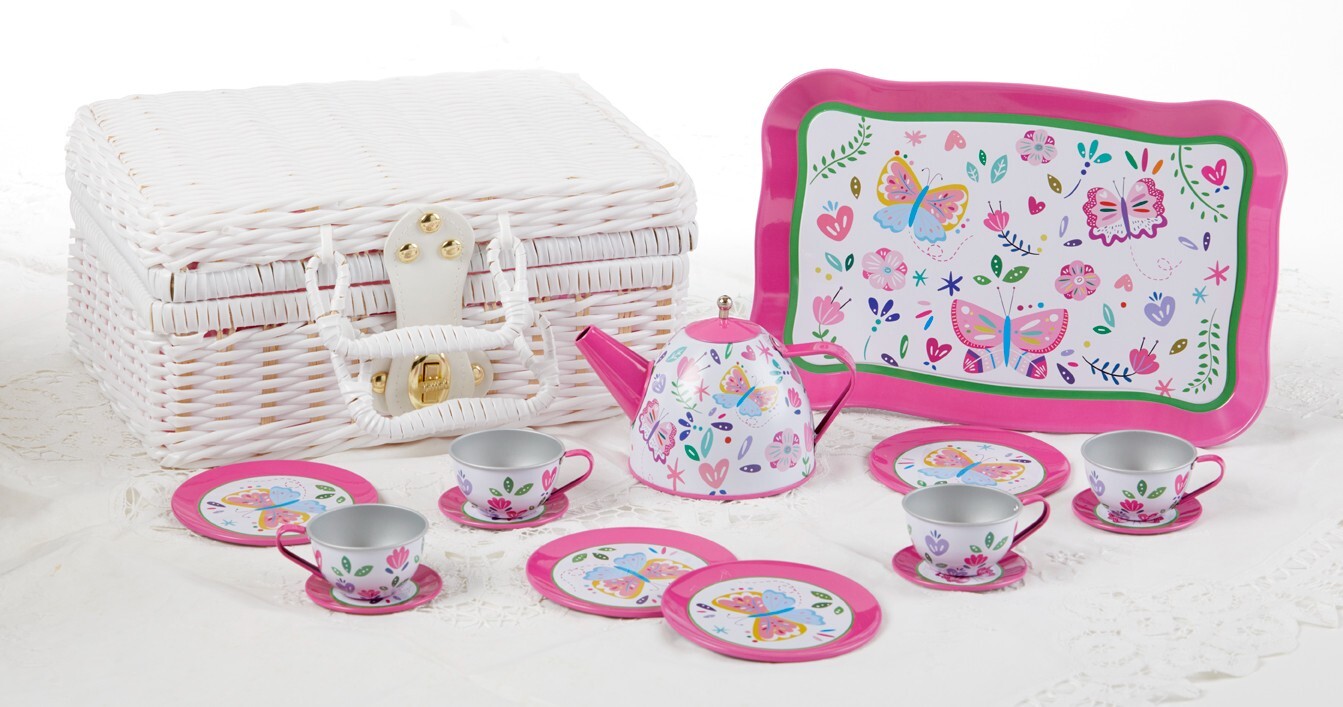 その他 Delton Products Tin 15 Pieces Tea Set in Basket Pink Bow Serveware Delton Products Tin 15 Pieces Tea Set in Basket Pink Bow