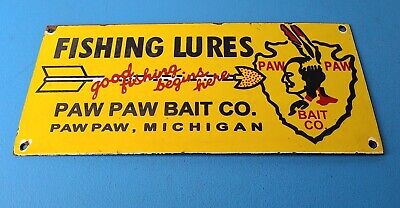 VINTAGE FISHING LURES PORCELAIN PAW PAW BAIT BOAT SALES TACKLE GAS SERVICE SIGN