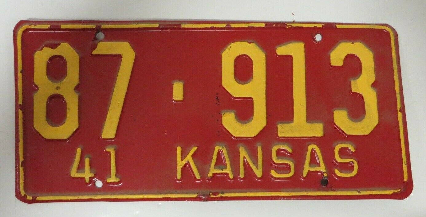 Vtg 1941 KANSAS License Plate Tag 87-913 SHERIDAN County Red