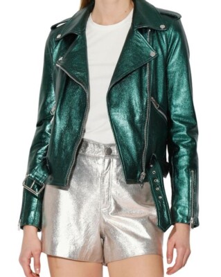 NWT! Women's Walter Baker Allison Emerald Genuine Lambskin Leather Moto Jacket-S